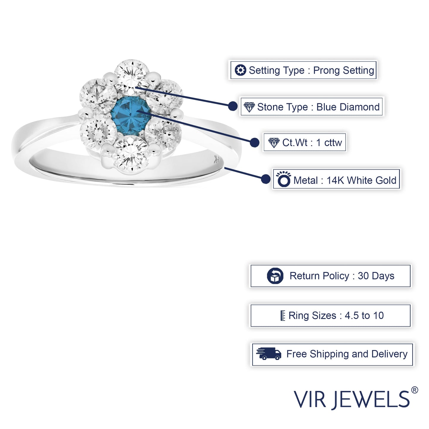 1 cttw Blue and White Diamond Engagement Ring 14K White Gold