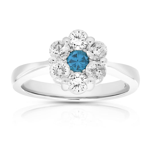 1 cttw Blue and White Diamond Engagement Ring 14K White Gold