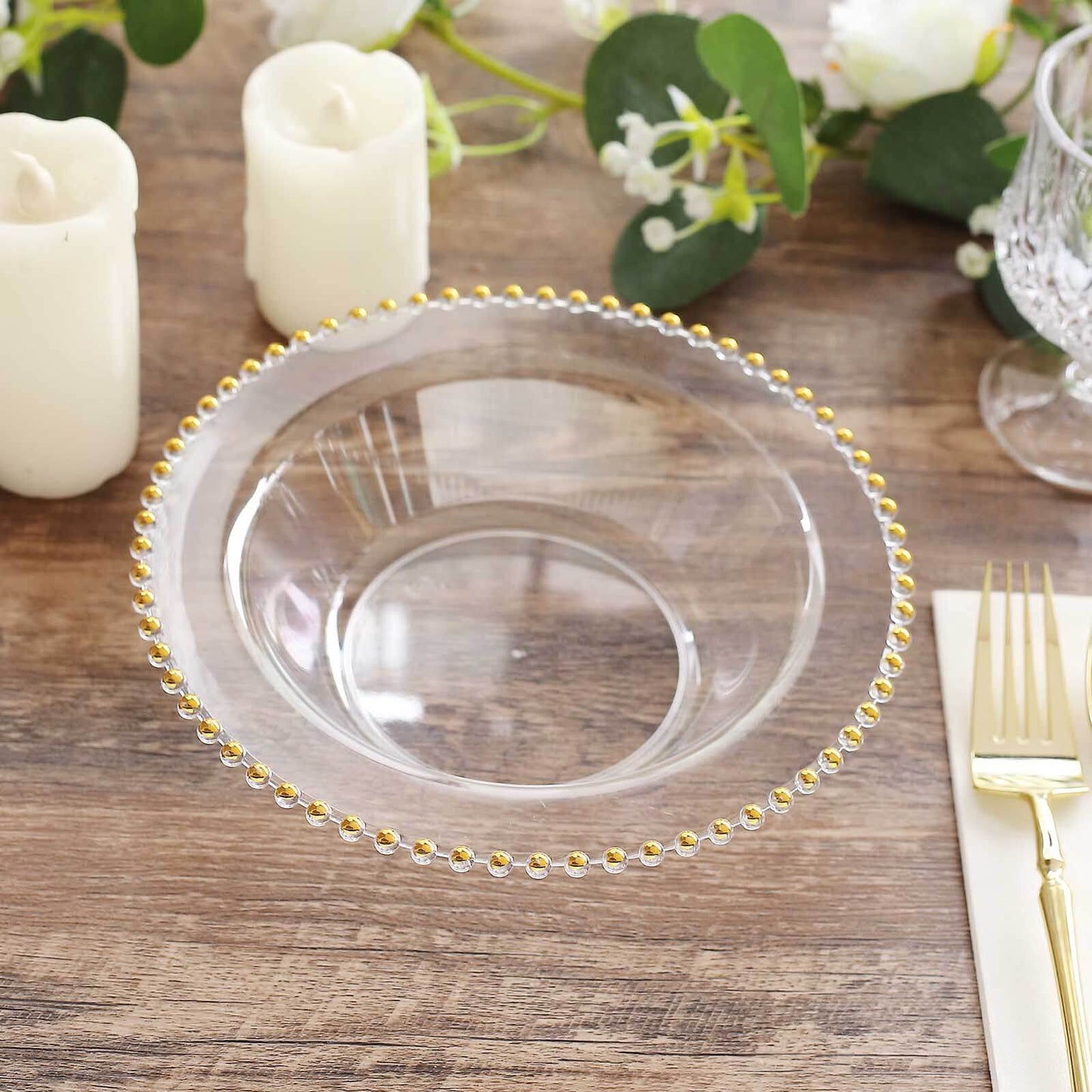 10 Pack Clear Plastic Soup Bowls with Gold Beaded Rim, Round Disposable Dessert Salad Bowls - 12oz